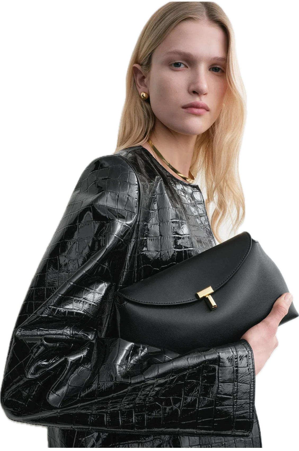 Borsa Toteme T-Lock Leather Clutch Black Gold - immagine 8